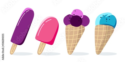 Collection of ice cream popsicle and in a horn Vector illustration isolated on a white background