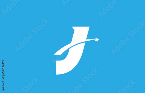 J white alphabet letter logo icon with star. Creative design for business or company on blue background