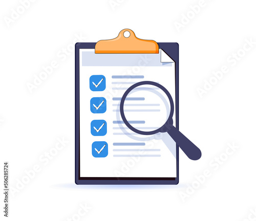 Successfully complete business assignments icon. Education test, to do list. Magnifying glass with a checklist.