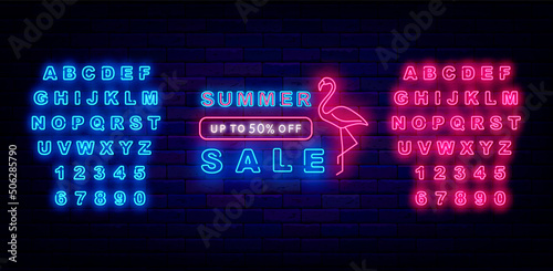 Summer sale neon signboard with flamingo. Season discount emblem. Marketing advertising. Vector illustration