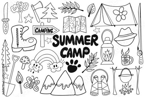 Summer camp Children, kids camping Children plays. Vector illustration