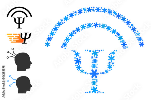 Mosaic mental waves icon is organized for winter, New Year, Christmas. Mental waves icon mosaic is organized from light blue snow. Some bonus icons are added.