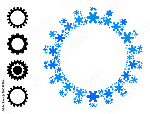 Mosaic cog icon is constructed for winter, New Year, Christmas. Cog icon mosaic is constructed with light blue snow parts. Some bonus icons are added.