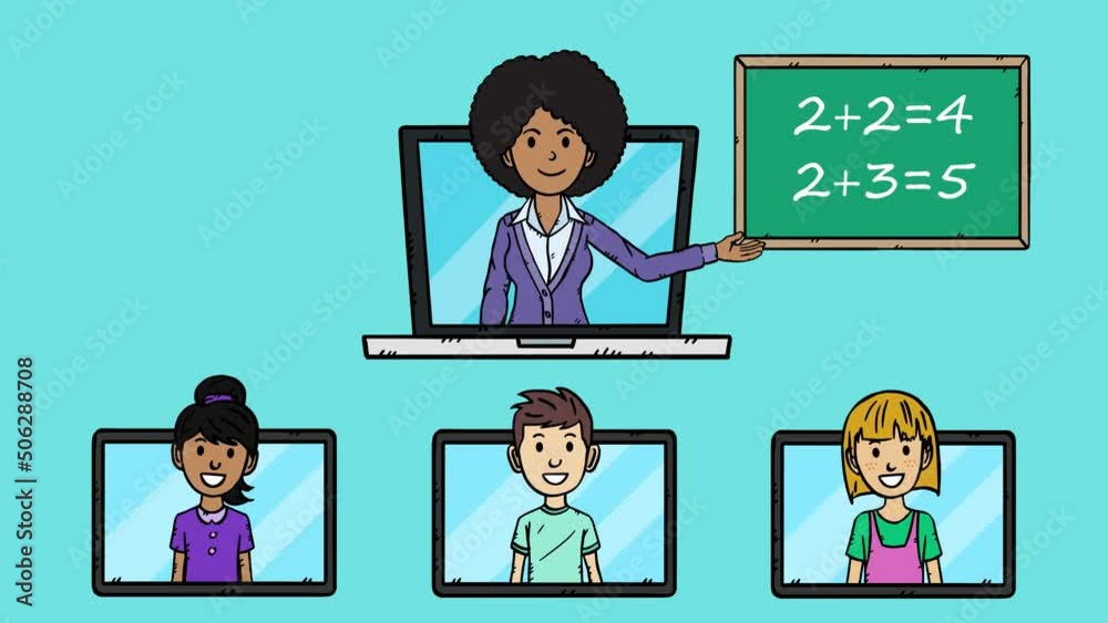 Doodle animation of online education. Kids are showing on tablets ...