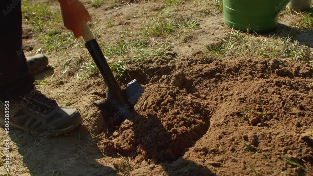 Close-up of a man digging a hole with a shovel for planting a tree in the park.