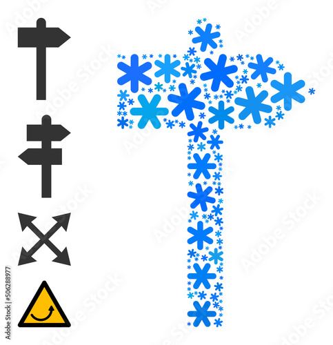 Mosaic road pointer icon is constructed for winter, New Year, Christmas. Road pointer icon mosaic is composed of light blue snow flakes. Some similar icons are added.