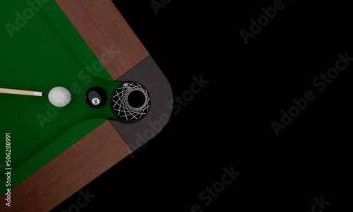 3d illustration, pool table corner, ball and stick, copy space, 3d rendering