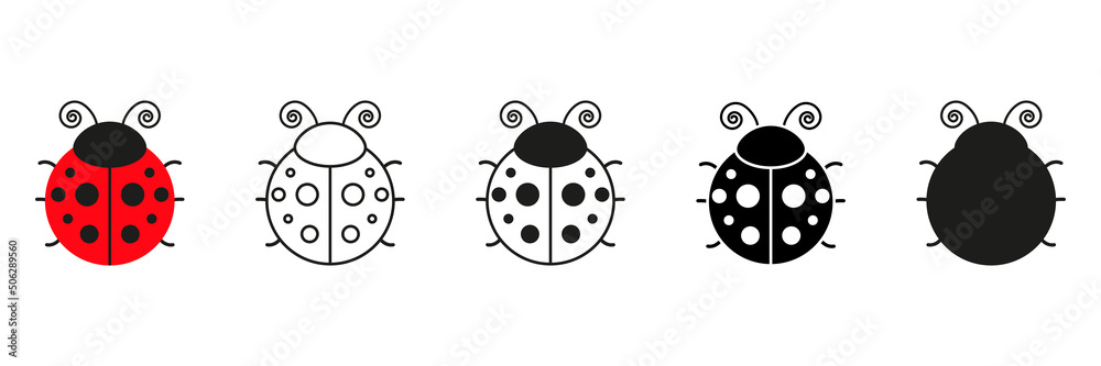 Ladybugs cute different characters set. Ladybirds in five style. Vector illustration isolated on white. Ladybugs cute different characters set. Ladybirds in five style. Vector illustration isolated on white.