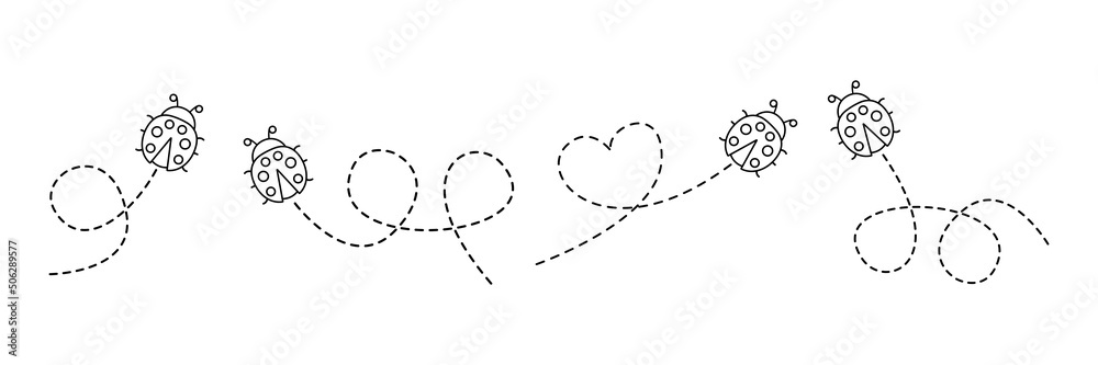 Line ladybug icon set. Ladybugs flying on dotted route. Vector isolated on white background.	
