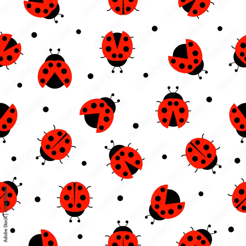 Ladybug seamless pattern. Ladybirds insects flying. Vector isolated on white background.