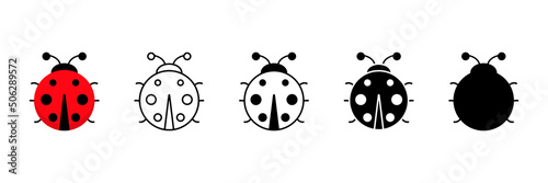 Ladybugs cute different characters set. Ladybirds in five style. Vector illustration isolated on white.
