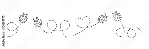 Line ladybug icon set. Ladybugs flying on dotted route. Vector isolated on white background.	
