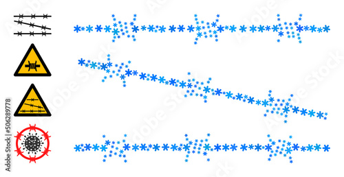 Mosaic barbed wire fence icon designed for winter, New Year, Christmas. Barbed wire fence icon mosaic is organized of light blue snowflakes. Some bonus icons are added.
