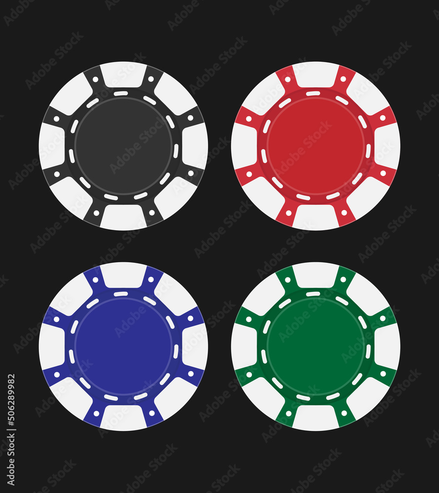 Four empty casino chips. Cash for games like poker and blackjack, roulette. Betting club and gambling, winning theme. vector style