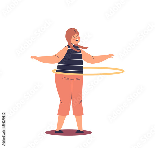 Happy school girl rolling hula hoop on waist. Kid enjoy funny recreation activity and sport gaming