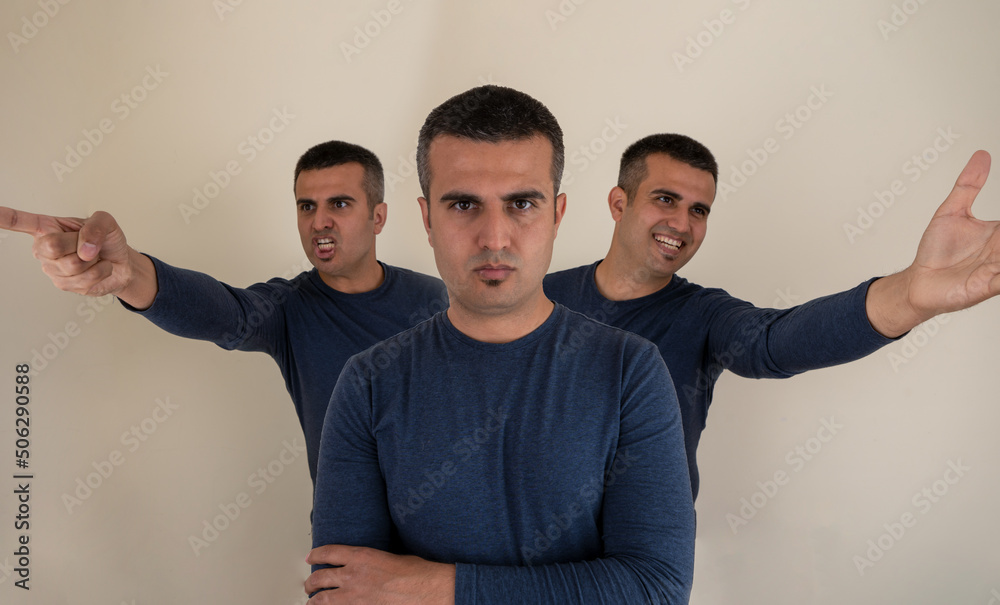 Αυτοκόλλητο Portrait of a man with tree different emotional face expressions as a symbol of instat personality shifts