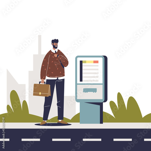 Man buying ticket for public bus at self-service ticket machine. Urban city public transport