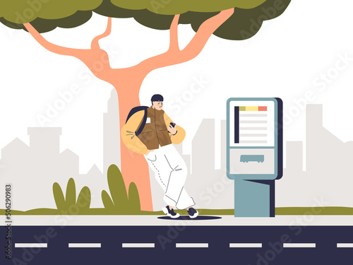Male passenger waiting for bus buy ticket for public urban transport at self service machine