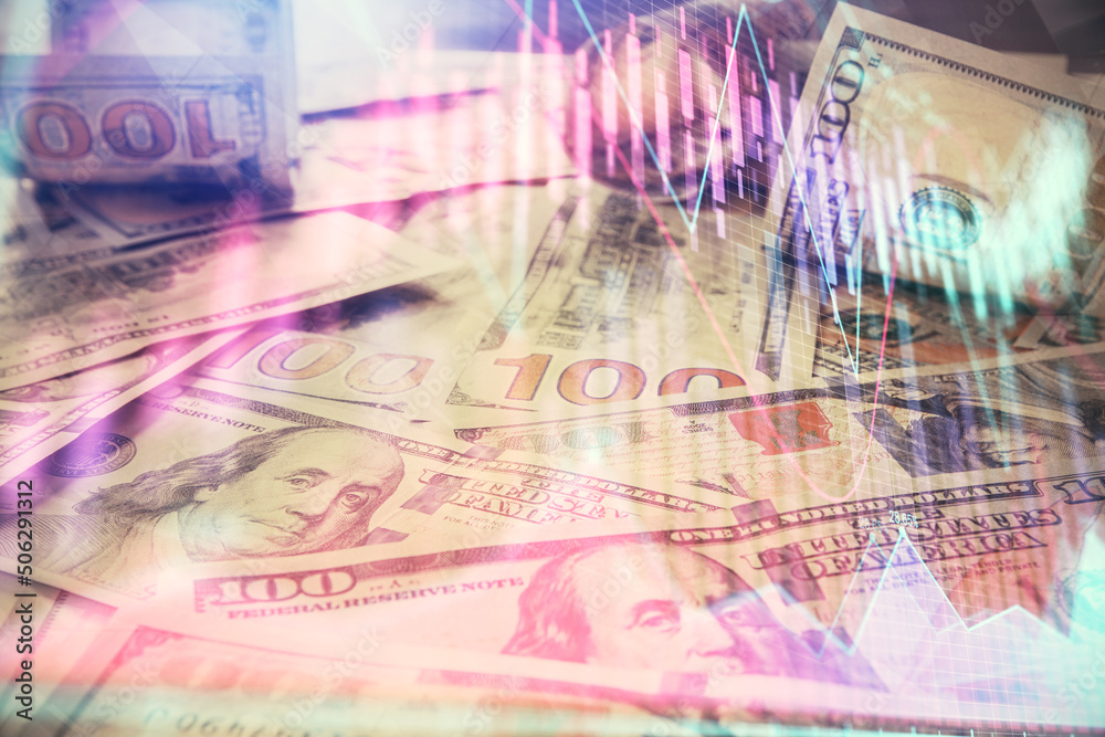 Multi exposure of forex chart drawing over us dollars bill background. Concept of financial success markets. Multi exposure of forex chart drawing over us dollars bill background. Concept of financial success markets.