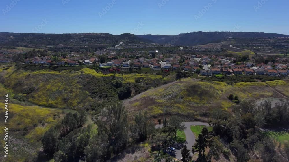 aerial footage of a hillside with homes surrounded by yellow flowers