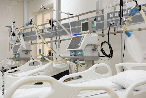 Artificial lung ventilation apparatus in the intensive care unit of the hospital. Empty resuscitation room with modern medical equipment for artificial pulmonary respiration. COVID-19 and coronavirus.