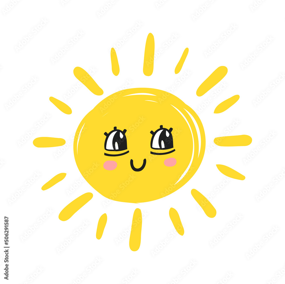 Funny cute sun. Happy smile sun character. Vector hand drawn doodle sunny icon Funny cute sun. Happy smile sun character. Vector hand drawn doodle sunny icon