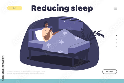 Reducing sleep concept of landing page with girl in headphones use smartphone lying in bed