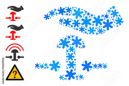 Mosaic press alarm button icon is designed for winter, New Year, Christmas. Press alarm button icon mosaic is formed with light blue snow icons. Some bonus icons are added.