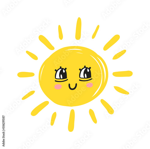 Fototapeta Naklejka Na Ścianę i Meble -  Funny cute sun. Happy smile sun character. Vector hand drawn doodle sunny icon