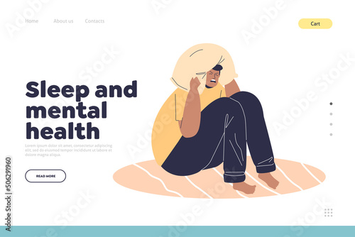 Sleep and mental health concept of landing page with exhausted woman suffer from insomnia