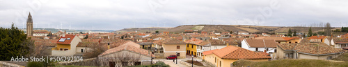 Panoramic view of the Town of Ampudia with the tower of the Collegiate Church from the castle, Palencia, Spain 