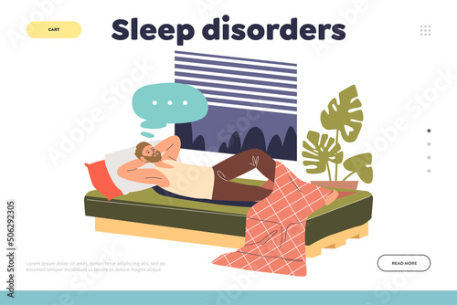 Sleep disorder concept of landing page with sleepless man lying awake in bed try to fall asleep