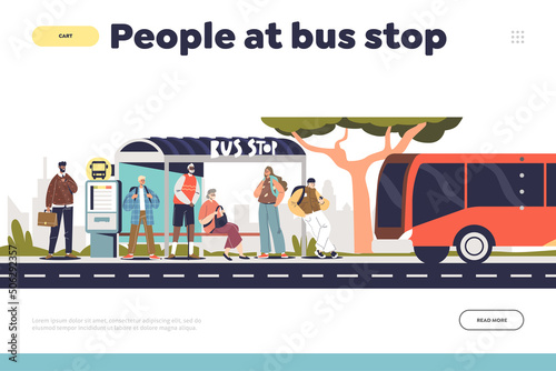 People at bus stop concept of landing page with public bus arriving at station