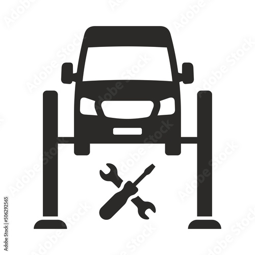 Car lift icon. Car servicing and MOT. Van. Commercial vehicle. Garage. MOT. Car repair service, auto diagnostics center. Vector icon isolated on white background.