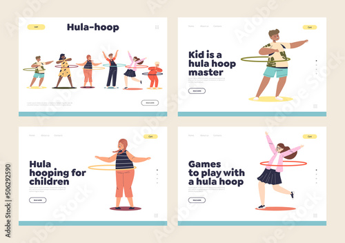 Set of landing pages with kids playing with hula hoop. Cheerful children rolling hulahoop ring