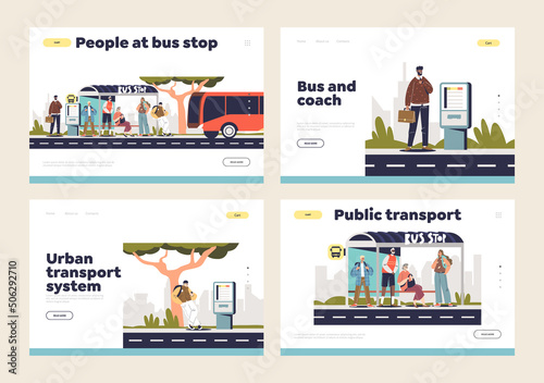 People at bus stop concept of landing page with public bus arriving at station