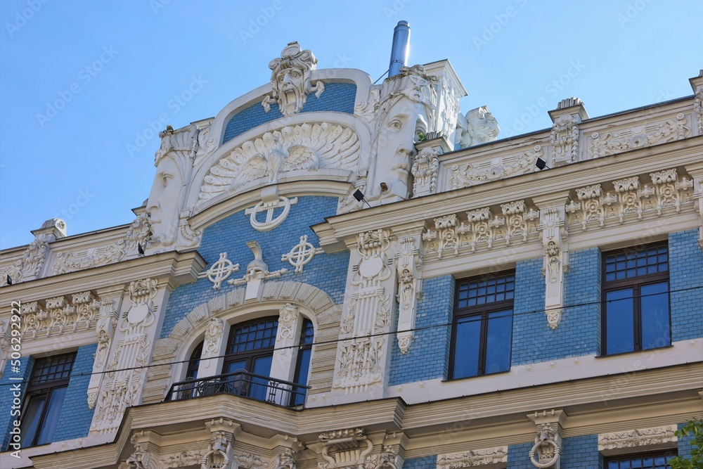 Art Nouveau building in Riga Latvia built in beginning of 19th century when prosperity was the highest in country. Buildings are embellished with ornate symbols like gods fairies tiger for protection