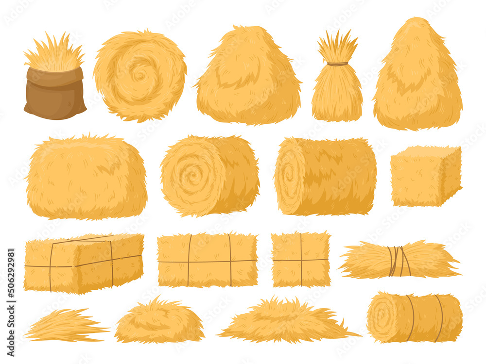 Cartoon haystack, rural hay rolled stacks and agricultural haycocks. Dried haystack, fodder straw and farm haystacks vector symbols illustrations set. Bale of hay collection - obrazy, fototapety, plakaty 