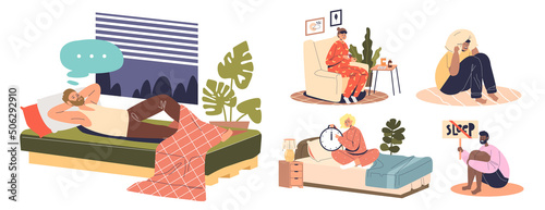 People suffer from insomnia. Unhappy men and women tired of sleeplessness and sleeping disorder