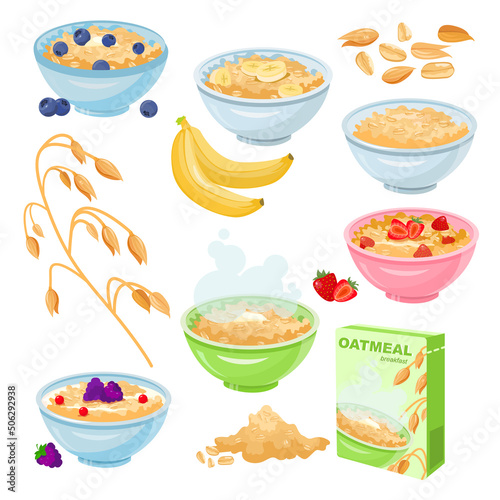 Oatmeal for breakfast set. Cooked wheat or cornflakes cereal with berries for morning nutrition food