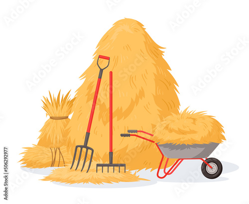 Cartoon haystack and pitchfork, rural stacked fodder straw. Agricultural farm hay heap, dried haycock vector background illustration. Farming haymow photo