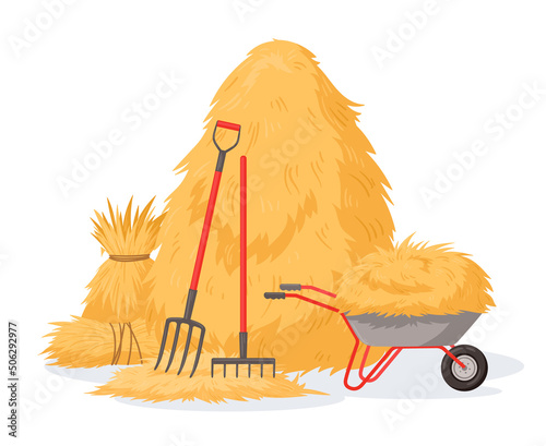 Cartoon haystack and pitchfork, rural stacked fodder straw. Agricultural farm hay heap, dried haycock vector background illustration. Farming haymow