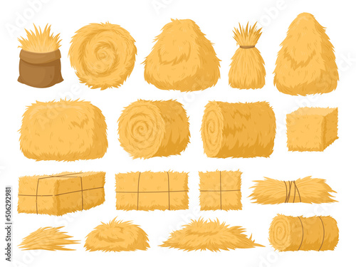 Fotótapéta Cartoon haystack, rural hay rolled stacks and agricultural haycocks