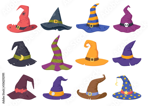 Cartoon witch hats, Halloween party costume elements. Wizard striped and spooky decorated hats vector symbols illustrations set. Halloween witchcraft party collection