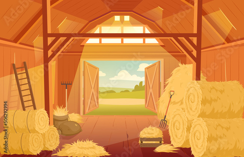 Leinwand Poster Village haystack wooden barn interior, rural dried hay shed room