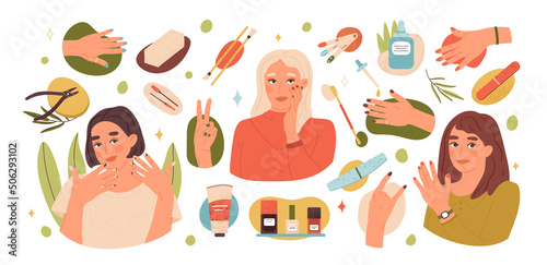 Manicure accessories and cosmetics, cuticle, nails care beauty routine. Women applying manicure, polished fingernails and manicure tools vector illustration set. Cartoon manicure collection