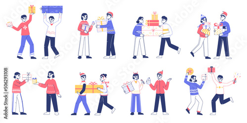 People with Christmas gifts, characters give presents and celebrating. Winter holidays gifts, family and friends give and receive presents vector illustration set. Happy people with gifts