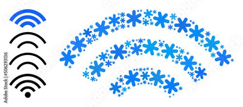 Composition online signal icon constructed for winter, New Year, Christmas. Online signal icon mosaic is constructed from light blue snow icons. Some bonus icons are added.