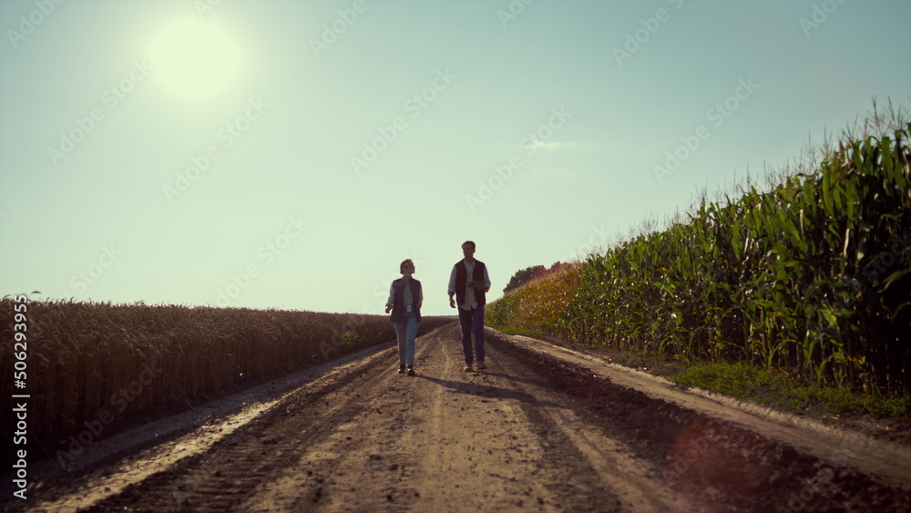 Fototapeta premium Two farmers inspecting crop field at sunlights. Agrarians walking ground road.