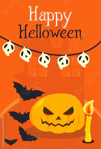 Halloween flyer with pumpkins on a yellow background with a candle.